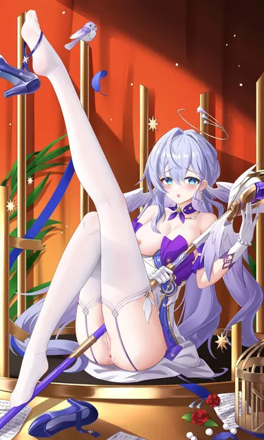 jndfh, honkai (series), honkai: star rail, robin (honkai: star rail), :o, anus, bare shoulders, bird, blue eyes, bracelet, breasts, choker, cleavage, collarbone, detached sleeves, dress, feet, female, flower, full body, gloves, head wings, high heels, holding, holding staff, jewelry, knees up, large breasts, long hair, looking at viewer, nipples, outstretched leg, pearl bracelet, purple choker, purple footwear, purple hair, purple sleeves, pussy, pussy juice, red curtains, red flower, red rose, rose, sheet music, shoe dangle, short sleeves, sitting, soles, solo, staff, stockings, strapless, strapless dress, thighhighs, toes, unworn shoe, white dress, white gloves, white thighhighs, wings, absurdres, highres