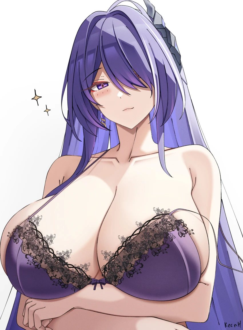 keenh, honkai (series), honkai: star rail, acheron (honkai: star rail), alternate breast size, arm under breasts, bare shoulders, bra, breasts, cleavage, closed mouth, collarbone, female, hair over one eye, huge breasts, long hair, one eye covered, purple bra, purple eyes, purple hair, simple background, smile, solo, underwear, white background, artist name, commentary, commission, english commentary, highres