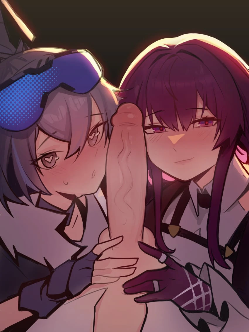 ninra, honkai: star rail, kafka (honkai: star rail), silver wolf (honkai: star rail), 1boy, 2girls, big penis, blush, fingerless gloves, gloves, heart-shaped pupils, looking at viewer, open mouth, penis, purple eyes, purple hair, short hair, silver eyes, silver hair, smile