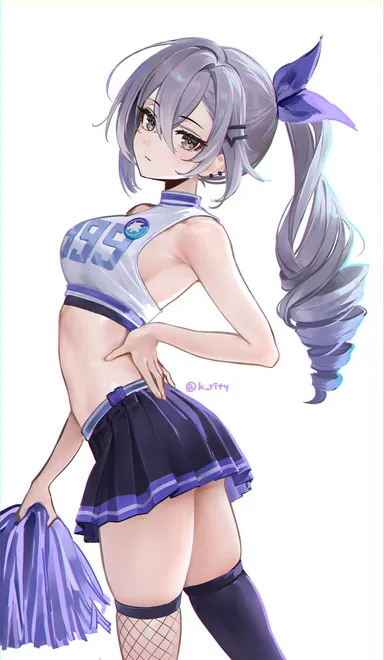 k rity (twitter), rity, twitter, silver wolf (honkai: star rail), 1girls, armpits, brown eyes, cheerleader, female, grey hair, skirt, sports bra, tights, twitter link, twitter username