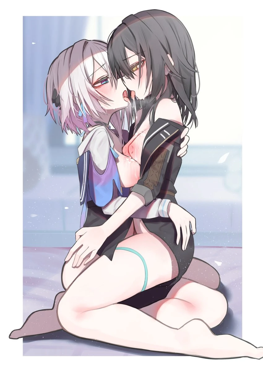 sajin (user pvrm4582), honkai (series), honkai: star rail, march 7th (honkai: star rail), stelle (honkai: star rail), 2girls, after kiss, barefoot, black hair, blue eyes, blurry, blurry background, blush, bottomless, breasts, breath, eye contact, face-to-face, from side, half-closed eyes, hand in another's hair, hand on another's ass, hand on another's back, indoors, long hair, long sleeves, looking at another, medium breasts, medium hair, multiple girls, nipples, off shoulder, open clothes, open mouth, outside border, partially undressed, pink hair, saliva, saliva trail, sitting, sleeves past elbows, thigh strap, trailblazer (honkai: star rail), yellow eyes, yuri, absurdres, border, dated commentary, highres, profile, white border