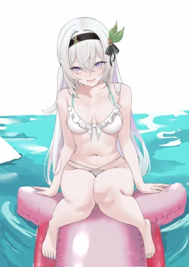 honkai (series), honkai: star rail, firefly (honkai: star rail), bare shoulders, barefoot, bikini, black hairband, black ribbon, female, grey nails, hair ribbon, hairband, long hair, looking at viewer, nail polish, navel, pink eyes, ribbon, sitting, solo, stomach, swimsuit, toenail polish, toenails, very long hair, white background, white bikini, white hair, yizi (yizi official), absurdres, highres