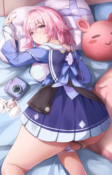 zuikillme, honkai (series), honkai: star rail, march 7th (honkai: star rail), 1girls, godrays, photograph, pillow, pillow grab, pink hair