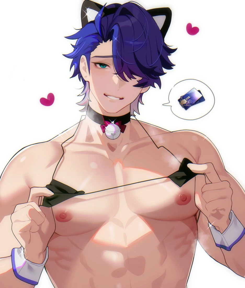 maemoooo, honkai (series), honkai: star rail, sampo (honkai star rail), 1boy, abs, bell choker, bell collar, cat ears, gay, male, male only, man boobs, micro bikini, nipples, smile, solo, solo male