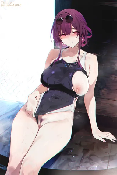 misaka 12003-gou, honkai (series), honkai: star rail, kafka (honkai: star rail), 1girls, areolae, bare shoulders, blush, breasts, collarbone, covered navel, eyebrows visible through hair, large breasts, medium hair, nail polish, nipples, one breast out, one-piece swimsuit, pubic hair, purple eyes, purple hair, pussy, sitting, smile, solo, solo female, sunglasses, sunglasses on head, swimsuit, swimsuit aside, torn clothes, torn swimsuit, wet, hi res