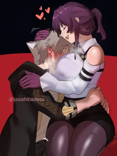 yuushiba, honkai: star rail, caelus (honkai: star rail), kafka (honkai: star rail), 1boy, 1girls, aroused, big breasts, blush, breasts bigger than head, cuddling, erection, erection under clothes, face in breasts, gloves, heart, hug, hugging, simple background, steam, steaming body, steamy breath, stockings, straight, thick thighs, thighs, 2d