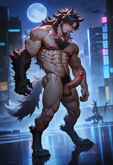 wankyc, halloween, holidays, honkai: star rail, gallagher (honkai: star rail), abs, balls, bara, biceps, big balls, big penis, erection, male, male nipples, male only, manly, muscular male, nipples, nude, pecs, penis, werewolf, ai generated