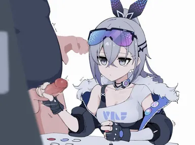 wang, honkai (series), honkai: star rail, silver wolf (honkai: star rail), 1boy, black gloves, black jacket, closed mouth, erection, female, fingerless gloves, fur trim, fur-trimmed jacket, gloves, goggles, goggles on head, grey eyes, grey hair, hair between eyes, handjob, high ponytail, jacket, long hair, penis, playing games, simple background, solo focus, straight, white background, absurdres, censored, highres, mosaic censoring