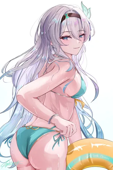 honkai: star rail, firefly (honkai: star rail), ass, bikini, breasts, buoy, large ass, medium breasts, seductive eyes, seductive look, seductive smile, shiny skin, sideboob, wet, wet skin, english text, signature, text