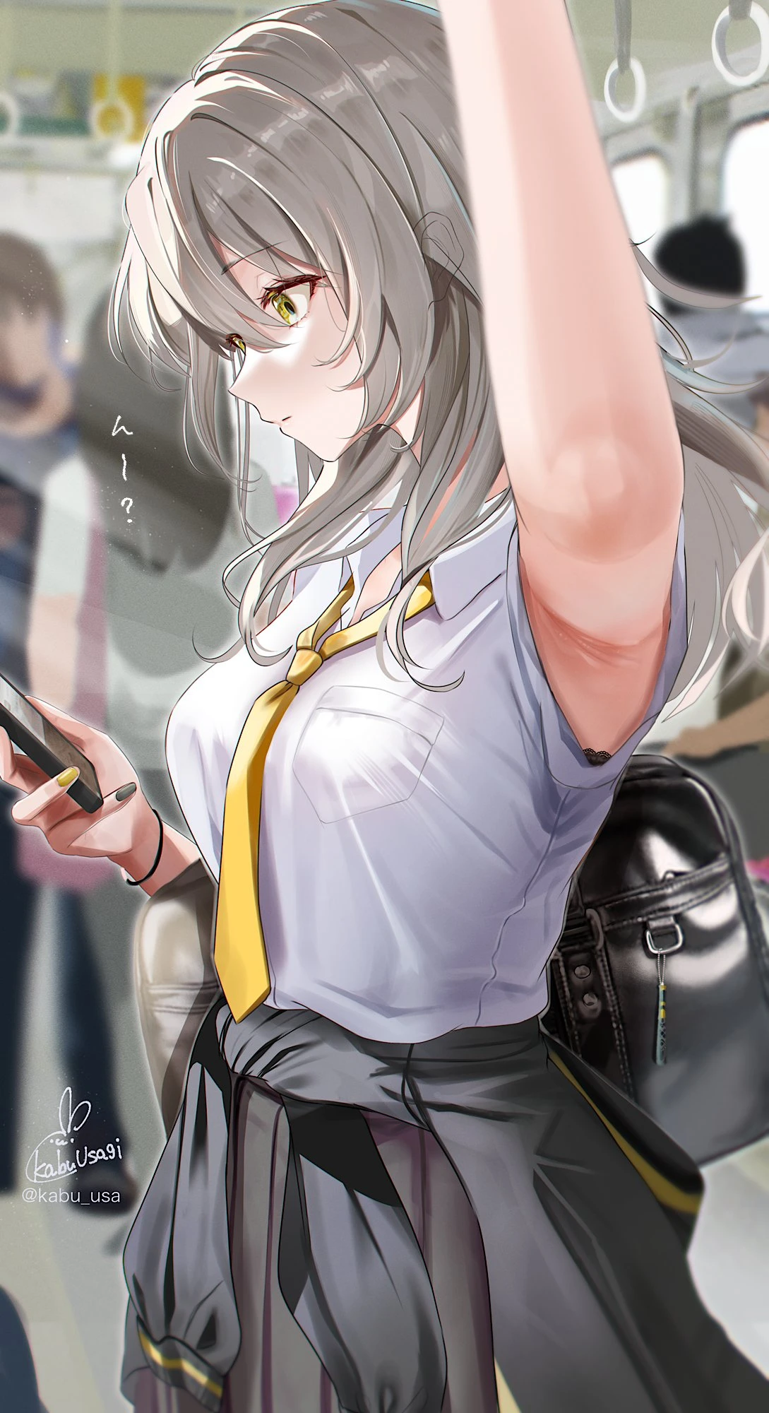 kabu usagi, honkai (series), honkai: star rail, hoyoverse, mihoyo, stelle (honkai: star rail), arm up, armpit fetish, armpits, bus, distracted, grey hair, medium breasts, no consent needed, school uniform, schoolgirl, secret, seductive, seductive body, seductive look, seductive pose, serious look, sneaky, staring, suggestive, suggestive gesture, suggestive pose, yellow eyes