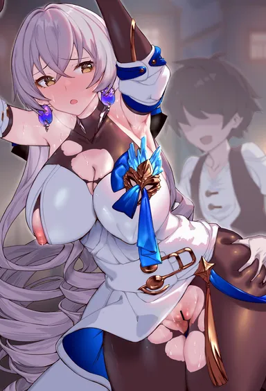 kanjy00u, honkai (series), honkai: star rail, bronya rand, against wall, armpits, ass, badge, big ass, big breasts, blush, breasts, drill hair, earrings, exposed breasts, exposed pussy, gray hair, grey hair, huge ass, huge breasts, large ass, large breasts, long gray hair, long hair, looking back, nipple, nipple bulge, nipple exposed, nipples, one nipple out, plump, plump ass, plump thighs, pussy, pussy exposed, pussy juice, pussy juice drip, ripped clothing, ripped pantyhose, ripped tights, sweat, sweatdrop, sweating, thighs, tights, wet pussy, white dress, censor bar, censored, censored pussy, tagme