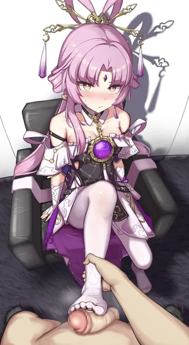 honkai (series), honkai: star rail, fu xuan (honkai: star rail), 1boy, bare shoulders, blush, bow-shaped hair, breasts, bright pupils, detached sleeves, dress, feet, female, footjob, forehead jewel, hair ornament, hair rings, hair stick, long hair, looking at viewer, low twintails, nyaa43185, pantyhose, parted bangs, penis, pink hair, pov, pov crotch, pov hands, solo, solo focus, straight, tassel, twintails, very long hair, white pantyhose, white pupils, yellow eyes, absurdres, censored, highres