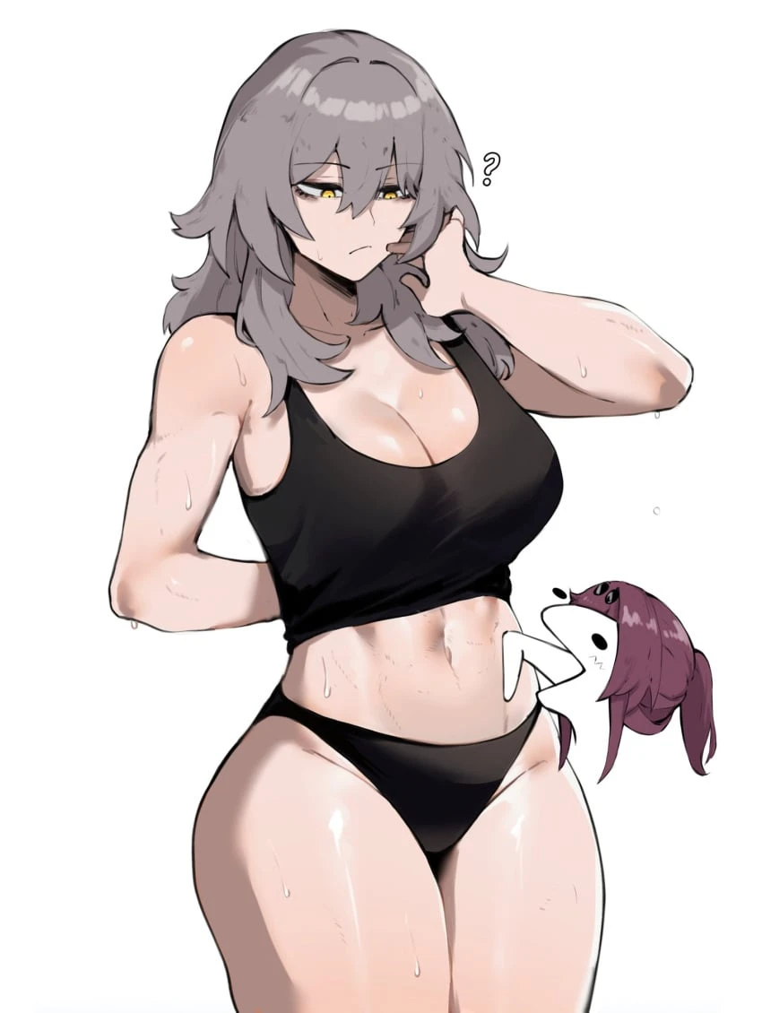 masoq095, honkai (series), honkai: star rail, kafka (honkai: star rail), stelle (honkai: star rail), breasts, glasses, grey hair, large breasts, licking, licking abs, licking chest, long hair, looking down, looking unpleasured, post workout, purple hair, sweat, sweatdrop, sweating, sweaty body, wide hips, yellow eyes, yuri, meme