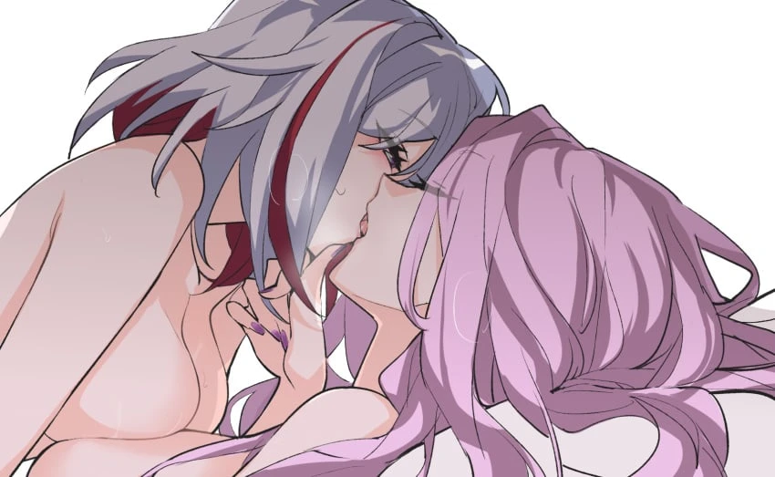 rekka, honkai (series), honkai: star rail, jade (honkai: star rail), topaz (honkai: star rail), 2girls, asymmetrical docking, breast press, breasts, closed eyes, from side, grey eyes, grey hair, kissing, long hair, medium breasts, multiple girls, nude, red hair, short hair, simple background, upper body, yuri, highres, profile, white background