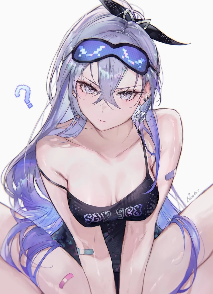 qiandaiyiyu, honkai (series), honkai: star rail, silver wolf (honkai: star rail), 1girls, cleavage, cleavage cutout, earring, female, female focus, female only, light skin, light-skinned female, long hair, looking at viewer, medium breasts, ponytail, question mark, questionable, silver eyes, silver hair, sleeping mask, sleeveless shirt, tagme