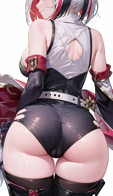 honkai: star rail, topaz (honkai: star rail), ass, ass focus, bare shoulders, breasts, cameltoe, come hither, detached sleeves, female, from behind, head out of frame, huge ass, large breasts, looking at viewer, looking back, multicolored hair, parted lips, red hair, shiny, shiny clothes, shiny hair, shiny skin, short hair, short shorts, shorts, sideboob, silver hair, smile, solo, thick thighs, thighhighs, two-tone hair, ai generated