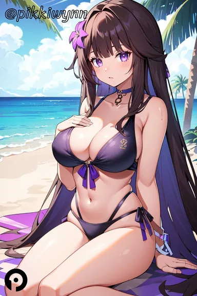 pikkiwynn, honkai (series), honkai: star rail, herta (honkai: star rail), bare arms, bare shoulders, beach, bikini, black bikini, black hair, breasts, choker, cleavage, collarbone, day, female, flower, front-tie bikini top, front-tie top, hair flower, hair ornament, halterneck, hand on own chest, highleg, highleg bikini, large breasts, long hair, looking at viewer, multi-strapped bikini, multicolored hair, navel, outdoors, purple bikini, purple eyes, side-tie bikini bottom, sitting, solo, solo female, stomach, string bikini, swimsuit, thighs, tree, very long hair, ai generated