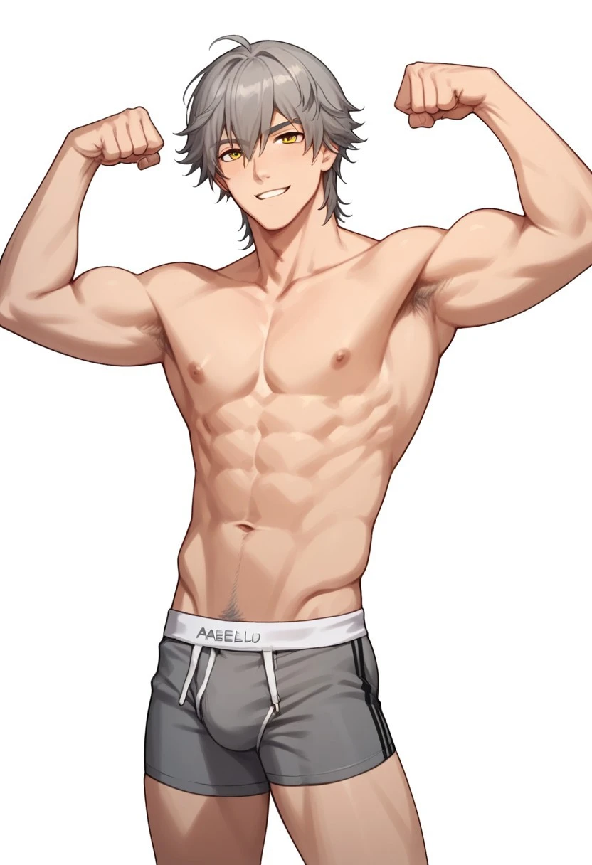 dvxxxgrai, honkai: star rail, caelus (honkai: star rail), 1boy, abs, flexing, grey hair, male focus, male only, male underwear, navel, nipples, nude, smile, solo, standing, topless, topless male, underwear, underwear only, ai generated, civitai, pony diffusion xl, tagme, white background