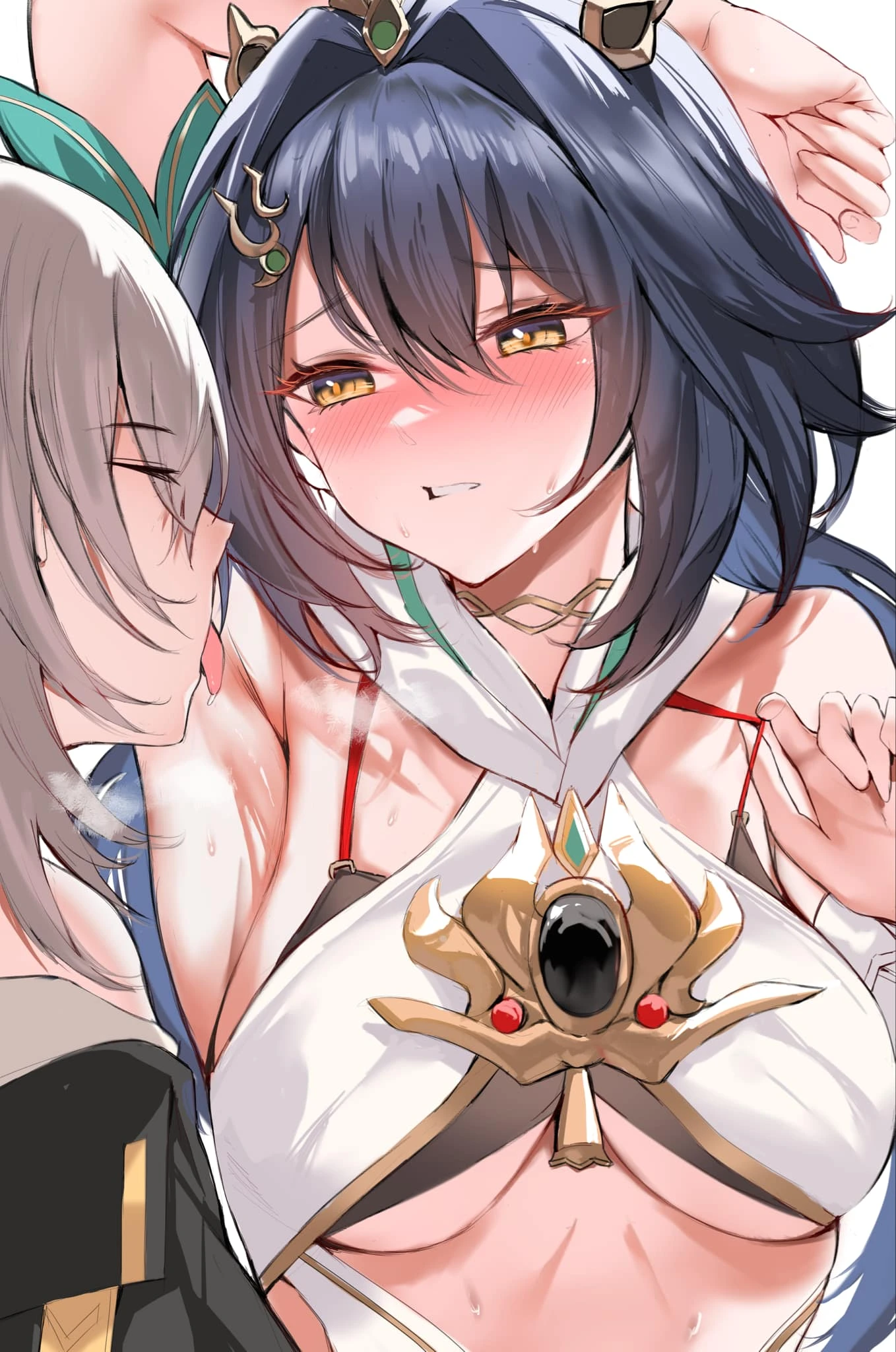 honkai: star rail, stelle (honkai: star rail), yunli (honkai: star rail), armpit fetish, armpits, arms up, blush, female, female focus, underboob