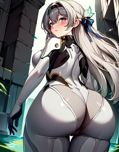 honkai: star rail, firefly (honkai: star rail), ass, ass focus, blush, bodysuit, breasts, female, from behind, from below, green eyes, hairband, huge ass, long hair, looking at viewer, looking back, medium breasts, open mouth, shiny, shiny clothes, shiny hair, sideboob, silver hair, skin tight, smile, solo, very long hair, ai generated