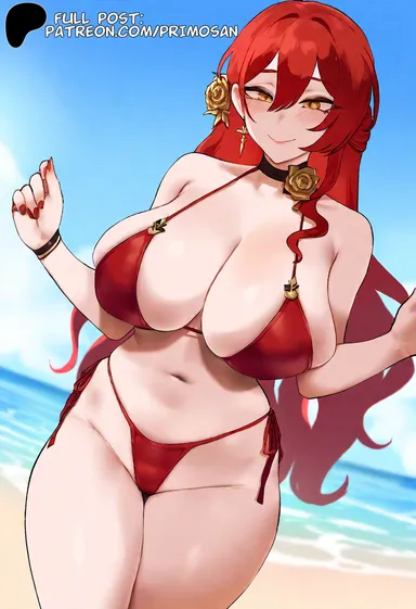 primosan, honkai: star rail, himeko (honkai: star rail), beach, bikini, breasts, large, navel, red hair, sagging breasts, smile, yellow eyes, ai generated