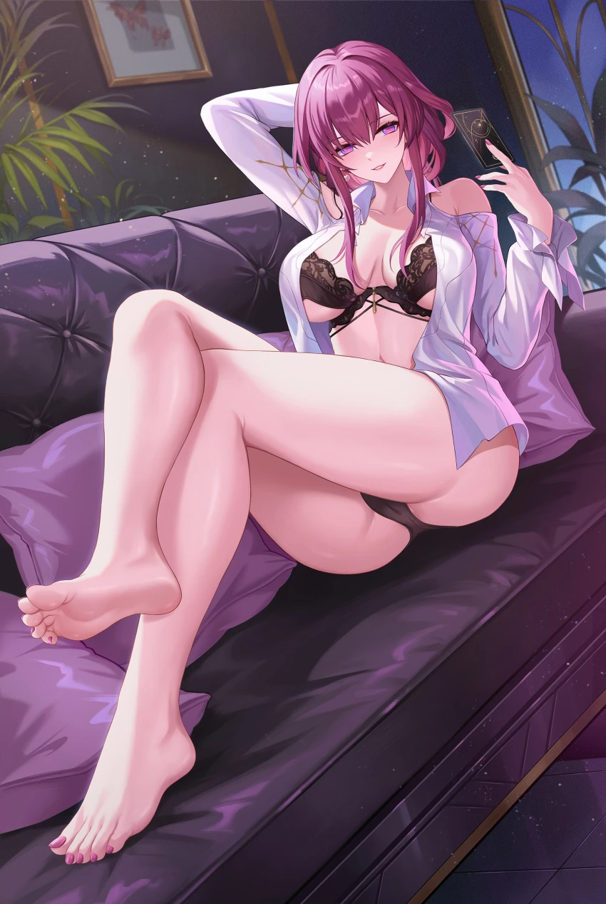 pengnangehao, honkai: star rail, kafka (honkai: star rail), 1girls, arms behind head, big breasts, breasts, feet, female only, huge breasts, lingerie, red hair, smile, underwear