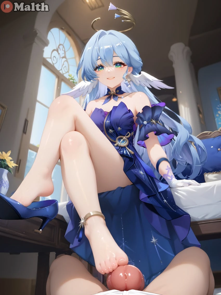 malth, honkai: star rail, robin (honkai: star rail), 1boy, 1girls, angel wings, anklet, blue dress, blue hair, choker, crossed legs, dangling shoe, dress, feet, footjob, gloves, green eyes, halo, high heels, indoors, jewelry, long hair, looking at viewer, pov, purple hair, smile, toes, turquoise eyes, ai generated, highres