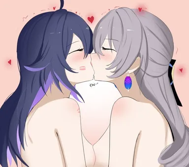 lord dante, honkai: star rail, bronya rand, seele (honkai: star rail), 2girls, closed eyes, french kiss, french kissing, kiss mark, kissing, lesbian kiss, light-skinned female, love, nude, yuri