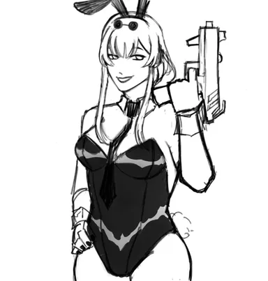 honkai: star rail, kafka (honkai: star rail), 1girls, bunny ears, bunnysuit, eyewear on head, gun, hand on hip, smiling, black and white, sketch