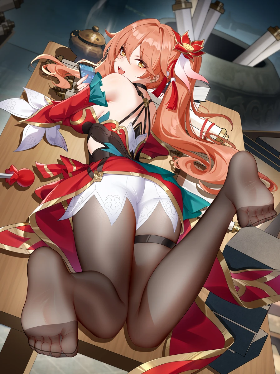 honkai: star rail, guinaifen (honkai: star rail), 1girls, ass, female, female only, long hair, looking at viewer, looking back, orange hair, pantyhose, solo, solo female, thick thighs, yellow eyes