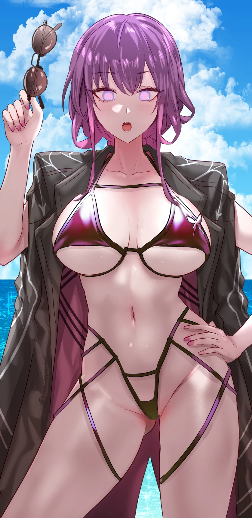 uenoryoma, honkai (series), honkai: star rail, kafka (honkai: star rail), 1girls, bikini, breasts, cleavage, eyewear removed, female, glowing eyes, hand on hip, huge breasts, light skin, light-skinned female, long hair, looking at viewer, naughty face, outdoors, purple eyes, purple hair, sunglasses removed, thighs