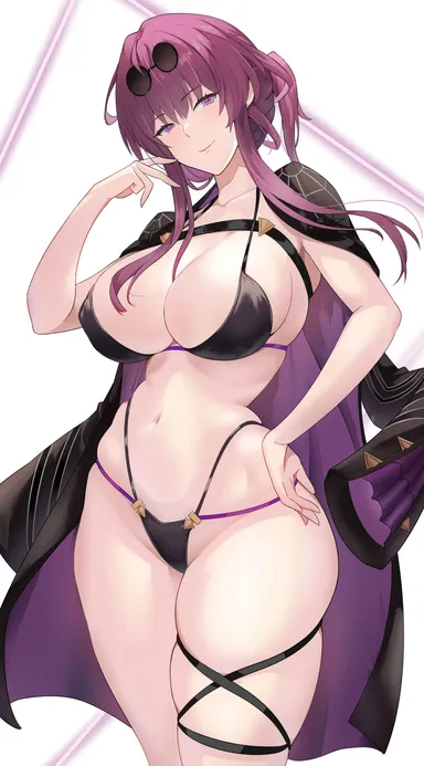 yu nojisaan, honkai: star rail, kafka (honkai: star rail), 1girls, big breasts, bikini, bikini bottom, bikini top, black bikini, bottomwear, breasts, cleavage, coat, female, female only, glasses, glasses on head, hair, headwear, huge breasts, open coat, purple eyes, purple hair, solo, solo female, swimwear, thick thighs, thigh strap, thighs, topwear