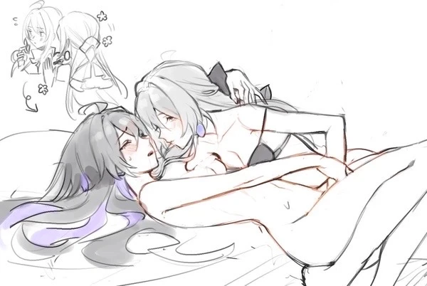 mie xing, honkai: star rail, bronya rand, seele (honkai: star rail), 2girls, blush, bra, closed eyes, female only, fingering, lesbian sex, vaginal, vaginal fingering, yuri