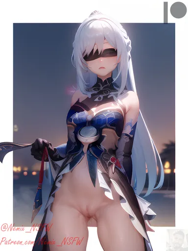 honkai (series), honkai: star rail, jingliu (honkai: star rail), blindfold, curvy, nsfw, pale skin, upskirt, white hair, ai generated