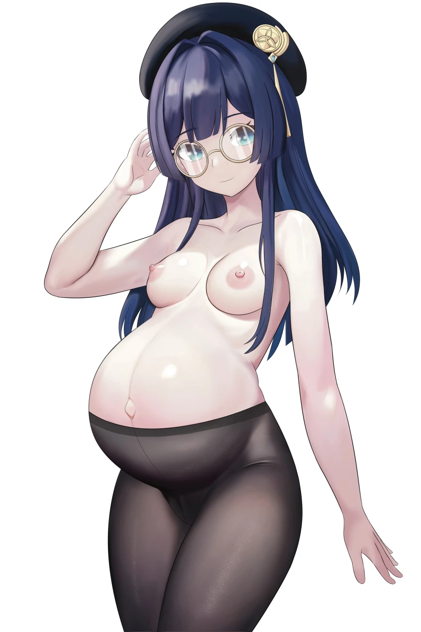 honkai (series), honkai: star rail, pela (honkai: star rail), 1girls, blue hair, breasts, female, glasses, long hair, nipples, pantyhose, pregnant, solo, topless