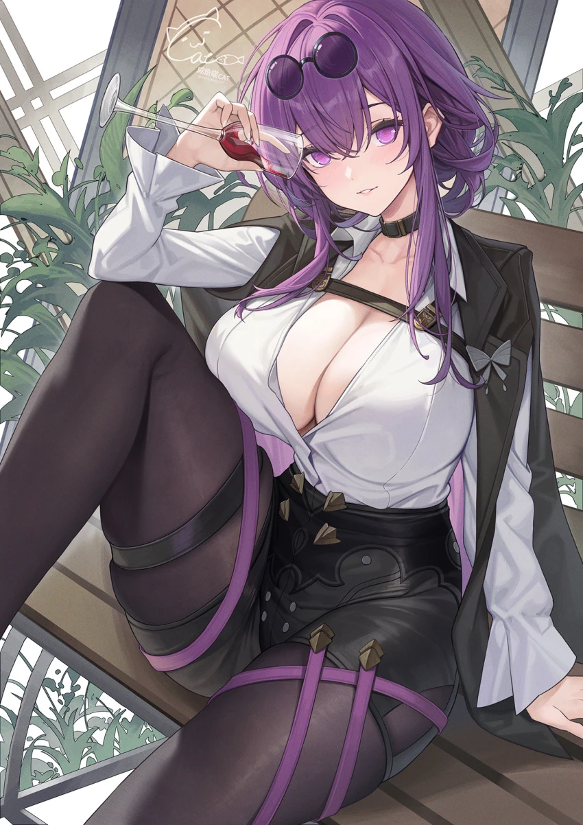 catsmoon, honkai: star rail, kafka (honkai: star rail), big breasts, cleavage, clothed, drink, eyewear on head, glasses, legwear, looking at viewer, purple eyes, purple hair, smile, sunglasses on head, wine