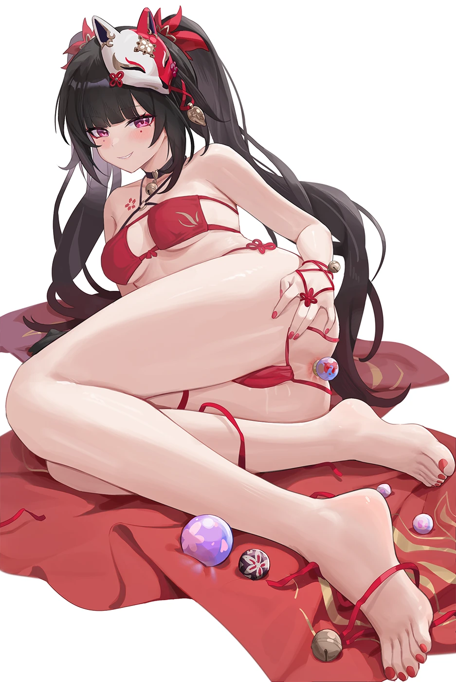 cbmus, honkai (series), honkai: star rail, sparkle (honkai: star rail), :d, anal, anal object insertion, anus, anus cutout, ass, ball, barbell piercing, barefoot, bell, bikini, bikini bottom only, bikini pull, black choker, blush, bow, breasts, breasts apart, brown hair, butt plug, chest tattoo, choker, clothes pull, collarbone, covered nipples, eyepatch bikini, feet, female, flower tattoo, foreshortening, fox mask, full body, gradient hair, grin, hairbow, legs, long hair, looking at viewer, lying, mask, mask on head, medium breasts, multicolored hair, nail polish, neck bell, nipple piercing, object insertion, on side, open mouth, piercing, pink eyes, pulled by self, pussy juice, red bikini, red bow, red hair, red nails, sex toy, sidelocks, simple background, smile, solo, swimsuit, tattoo, teeth, thighs, thong bikini, toenail polish, toenails, toes, twintails, very long hair, white background, commentary request, highres