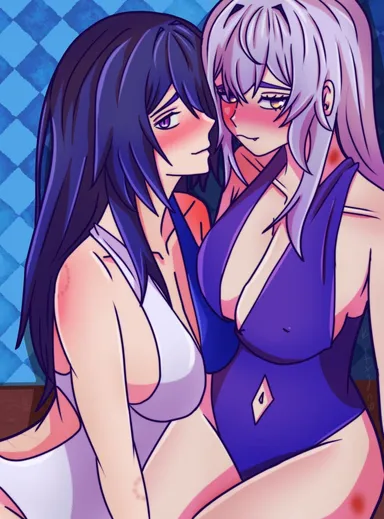 kittakittyna, honkai: star rail, acheron (honkai: star rail), black swan (honkai: star rail), 2girls, belly button, big ass, big breasts, bite mark, blush, dark blue hair, gold eyes, kiss mark, long hair, nipple bulge, purple eyes, purple hair, scratches, sitting, suggestive look, swimsuit, thighs, fanart, twitter link