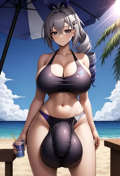 mizuiro01, honkai: star rail, silver wolf (honkai: star rail), 1futa, bangs, bare shoulders, beach, beach umbrella, big balls, big breasts, big penis, big testicles, blue sky, blush, bronie, closed mouth, cloud, collarbone, crossed bangs, drill hair, drinking straw, earrings, flaccid, flaccid penis, full-package futanari, futa only, futanari, gray hair, grey eyes, grey hair, hair between eyes, hair ornament, hairbow, holding, holding cup, holding drink, holding object, huge balls, huge breasts, huge testicles, jewelry, long hair, looking at viewer, ocean, palm tree, ponytail, sky, solo, solo futa, standing, stomach, straw, sunlight, swimsuit, testicles, tree, twin drills, umbrella, water, ai generated, civitai