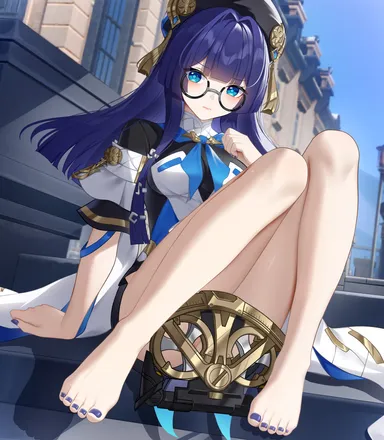 wu ganlan cai, honkai (series), honkai: star rail, pela (honkai: star rail), barefoot, black gloves, black headwear, black nails, boots, bottomless, building, dress, elbow gloves, female, glasses, gloves, legs, long hair, looking at viewer, nail polish, open mouth, outdoors, purple hair, purple scarf, pussy, round eyewear, scarf, short sleeves, sitting, sky, solo, toenail polish, toenails, white dress, white footwear, absurdres, highres