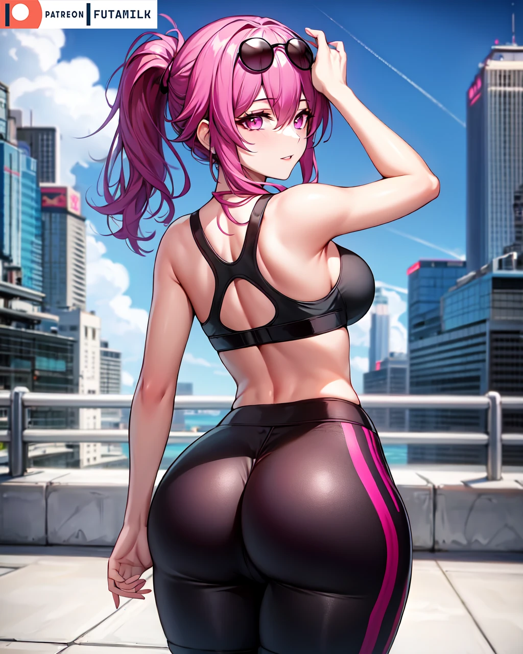 futa milk, honkai (series), honkai: star rail, kafka (honkai: star rail), ass, eyewear on head, huge ass, looking back, medium breasts, purple eyes, purple hair, sports bra, sunglasses on head, yoga pants, ai generated