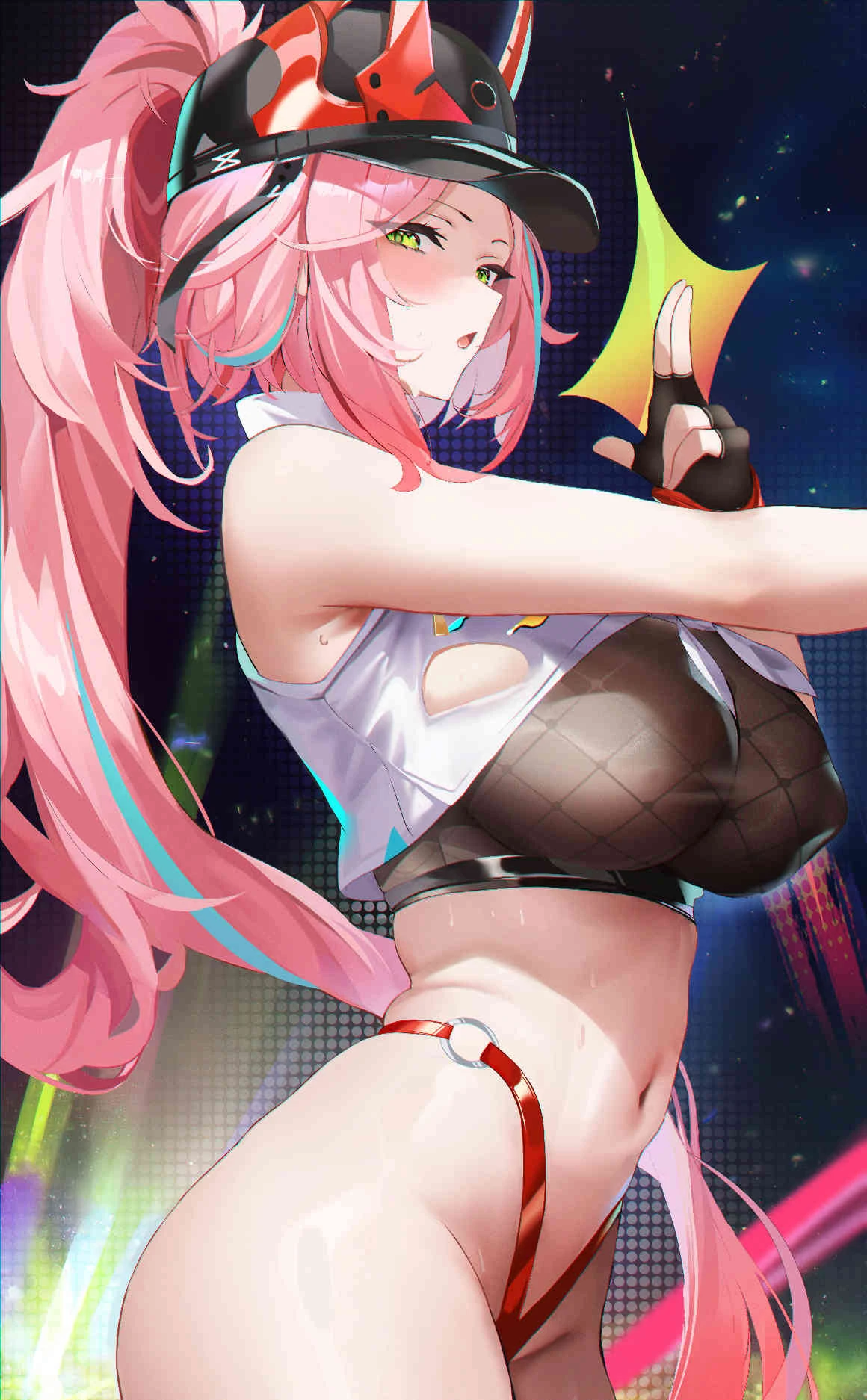 fantongjun, honkai (series), honkai: star rail, hoyoverse, mihoyo, rappa (honkai: star rail), 1girls, armpits, bare hips, bare shoulders, belly, belly button, big breasts, blue hair, crop top, curves, green eyes, high pants, hips, hips cutout, hourglass figure, long hair, long pants, looking at viewer, midriff, midriff baring shirt, midriff showing, midriff top, navel, navel cutout, navel fetish, navel line, oni, oni female, oni horns, pink hair, ponytail, shiny skin, showing armpits, showing belly, showing off, skindentation, slim girl, slim waist, sweat, sweating, waist, waist chain, waiting for sex, wide hips