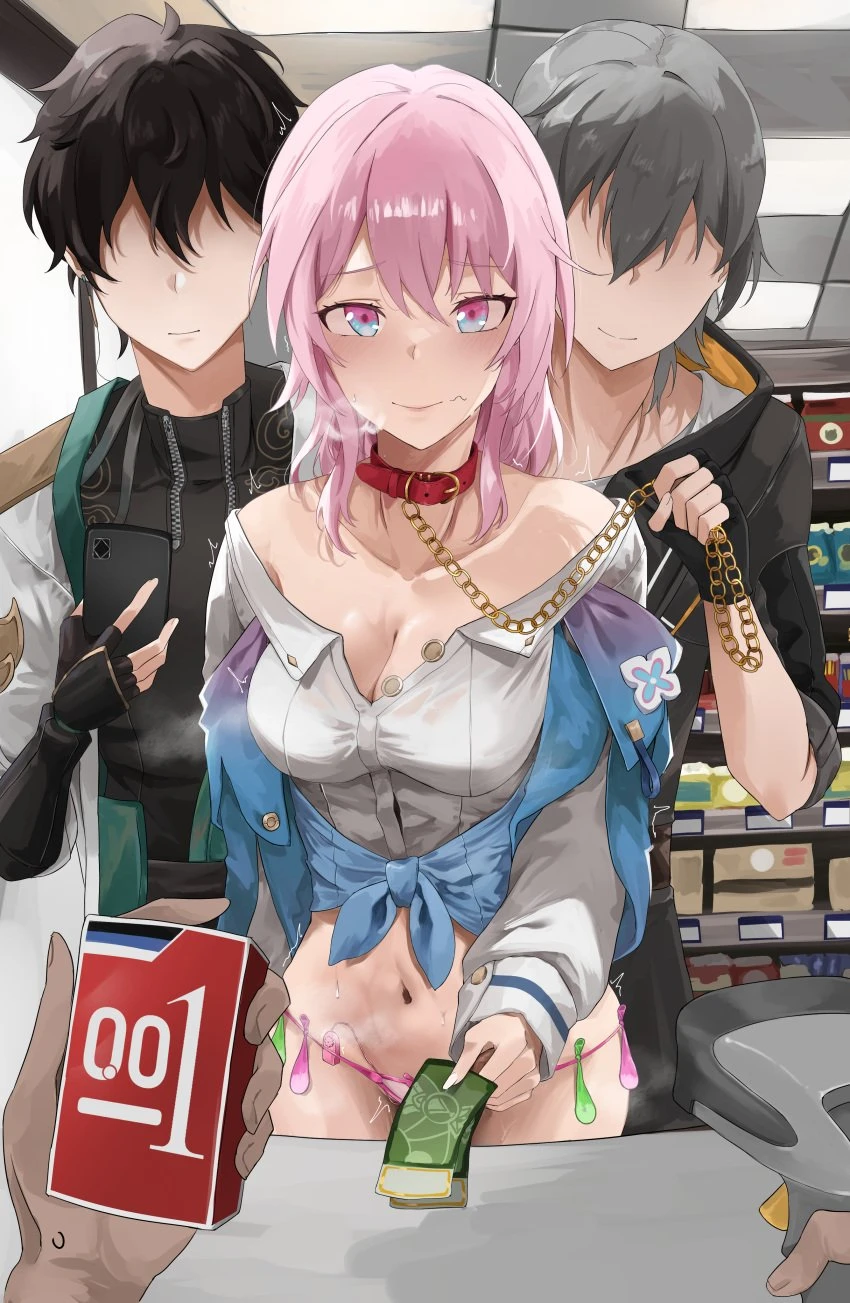 honkai (series), honkai: star rail, caelus (honkai: star rail), dan heng, march 7th (honkai: star rail), 2boys, black gloves, black hair, blue eyes, breasts, buying condoms, cleavage, closed mouth, collar, collarbone, condom, condom box, faceless, faceless male, female, fingerless gloves, fingernails, gloves, grey hair, holding, holding leash, holding money, holding phone, leash, long fingernails, long sleeves, looking at viewer, medium breasts, medium hair, miz blank, money, multicolored eyes, multiple boys, navel, panties, phone, pink eyes, pink hair, pov, pov hands, smile, straight, stray pubic hair, underwear, used condom, absurdres, highres