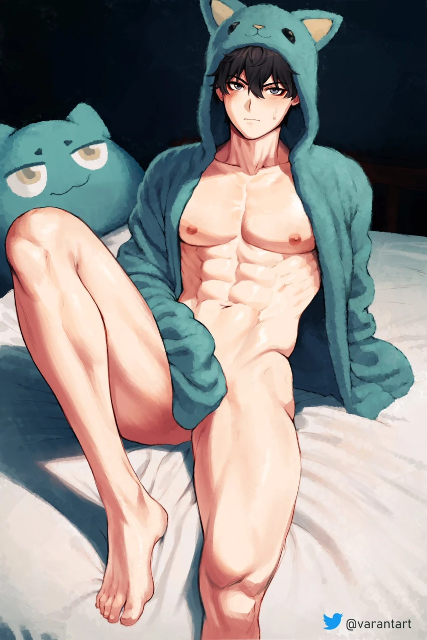 varantart, honkai (series), honkai: star rail, dan heng, 1boy, animal hood, animal hoodie, bed sheet, black hair, blush, feet, grey eyes, hiding penis, hoodie, muscular, muscular male, short hair, sitting on bed, six pack, solo, solo male, stuffed animal, sweatdrop, artist signature