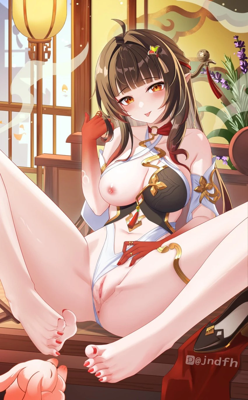 jndfh, honkai (series), honkai: star rail, lingsha (honkai: star rail), ahoge, anus, architecture, bare legs, bare shoulders, barefoot, black footwear, blush, breasts, brown dress, chinese clothes, closed mouth, clothing cutout, collarbone, criss-cross halter, diamond (shape), diamond-shaped pupils, dress, east asian architecture, feet, female, hair ornament, halterneck, hand up, high heels, indoors, large breasts, legs, long hair, looking at viewer, navel, nipples, one breast out, orange eyes, pointy ears, pussy, sidelocks, solo, spread legs, stomach, stomach cutout, symbol-shaped pupils, toes, tongue, tongue out, unworn footwear, very long hair, absurdres, artist name, censored, commentary request, highres, mosaic censoring, paid reward available, partial commentary, revision