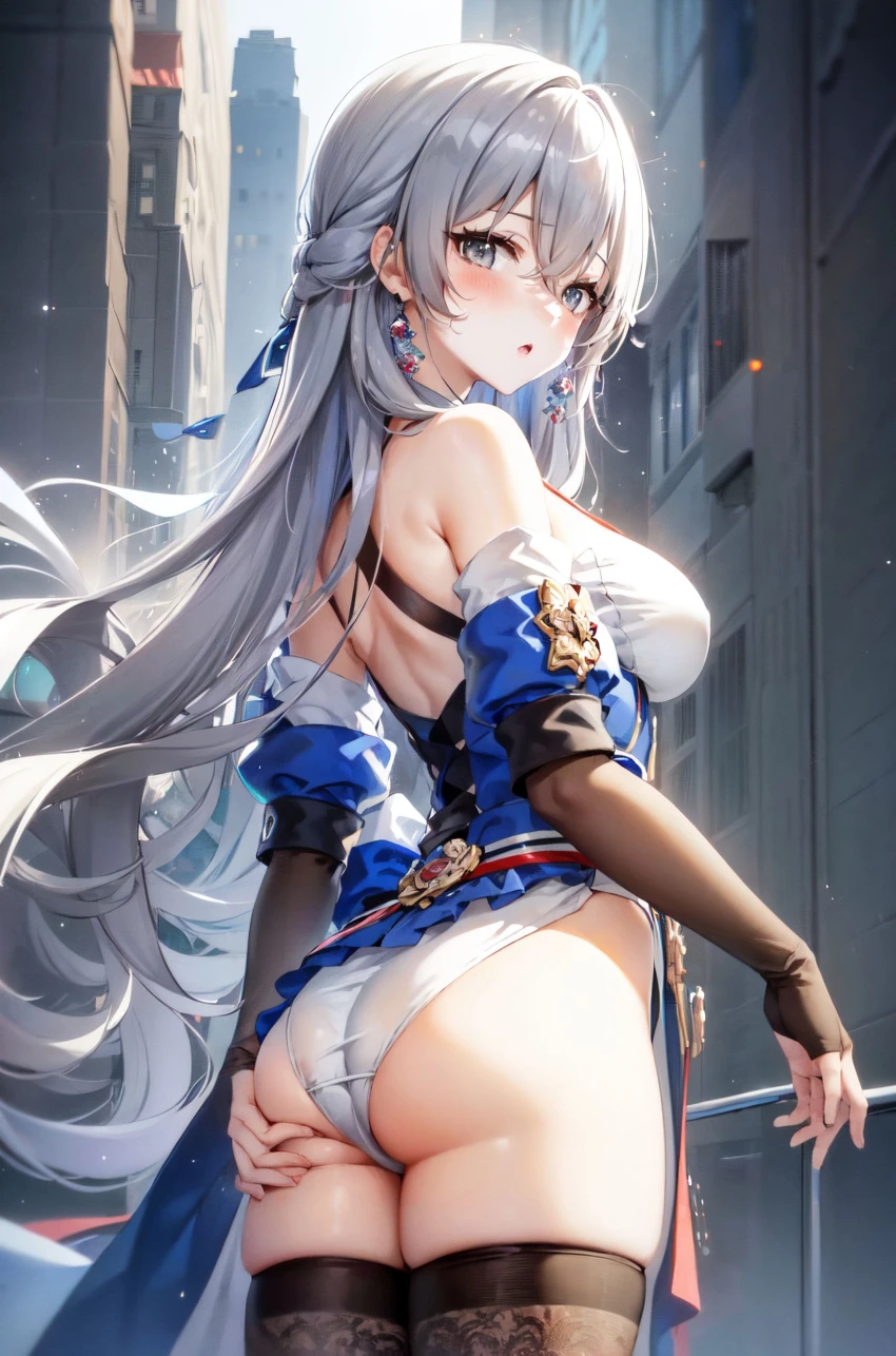 honkai: star rail, bronya rand, ass, ass focus, ass grab, bare shoulders, blue eyes, blush, breasts, cameltoe, corset, deep skin, detached sleeves, dress, elbow gloves, female, fingerless gloves, from behind, from below, gloves, hair ribbon, half updo, huge ass, long hair, looking at viewer, open mouth, panties, shiny, shiny clothes, shiny hair, shiny skin, short dress, sideboob, silver hair, solo, thick thighs, thighhighs, very long hair, ai generated