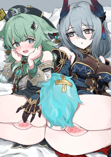 kusugi tai, honkai (series), honkai: star rail, hanya (honkai: star rail), huohuo (honkai: star rail), 2girls, ahoge, animal ears, ass, bed, blue pupils, blush, breasts, covered nipples, green eyes, green hair, grey eyes, grey hair, hand on another's ass, hands on own cheeks, hands on own face, large breasts, long hair, lying, multiple girls, nipples, on bed, on side, open mouth, pillow, pussy, spread pussy, teeth, tongue, upper teeth only, censored, mosaic censoring