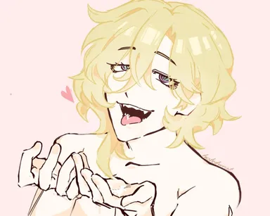 honkai: star rail, aventurine (honkai: star rail), blonde hair, blowjob, cum, cum in mouth, gay, handjob, heart, heterochromia, looking at viewer, looking up, male, male only, pale skin, pale-skinned male, smile, smiling, smiling at viewer, tongue, tongue out, color, colored