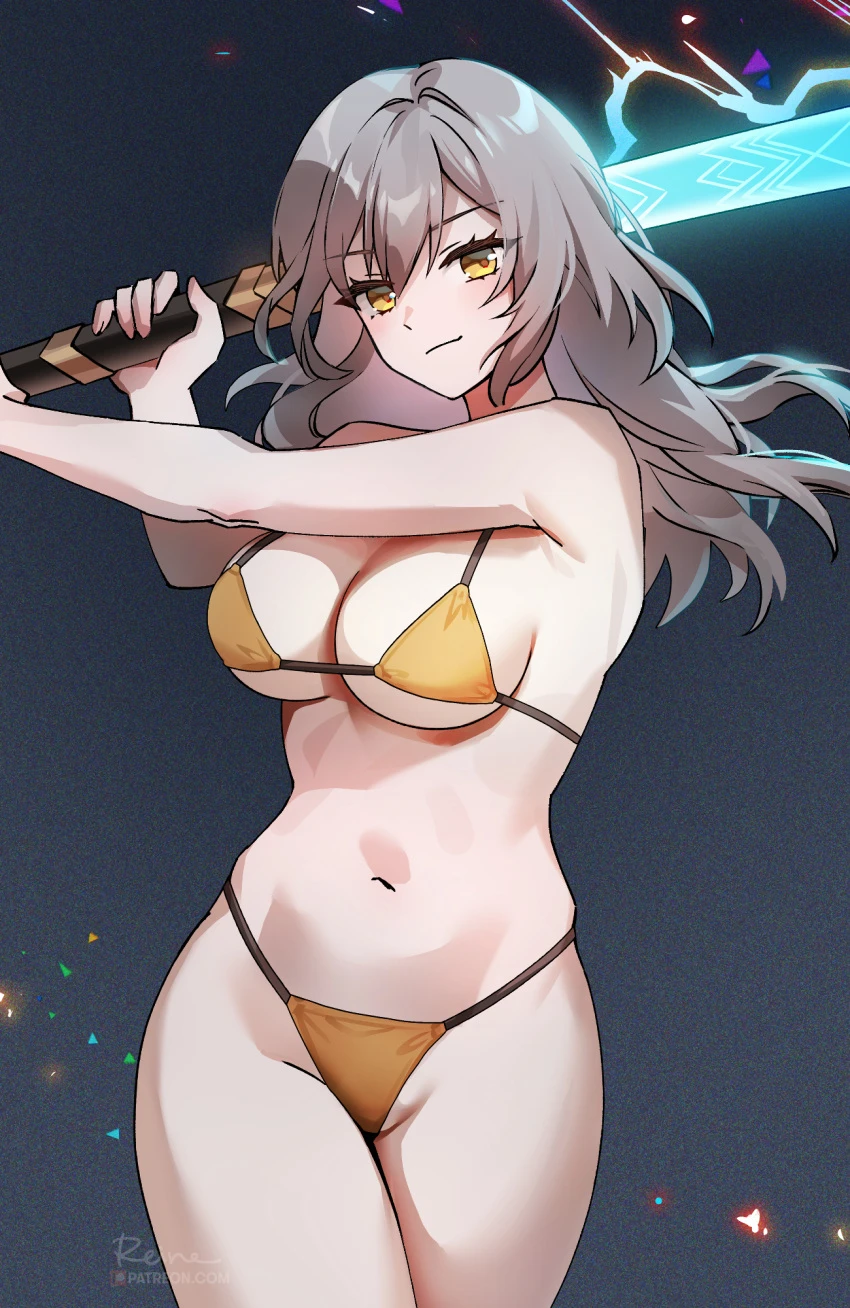 foxyreine, honkai (series), honkai: star rail, stelle (honkai: star rail), >:), bikini, confident, confident smile, cowboy shot, large breasts, light saber, micro bikini, swinging weapon, thick thighs, thighs, wide hips, artist name, patreon username, signature