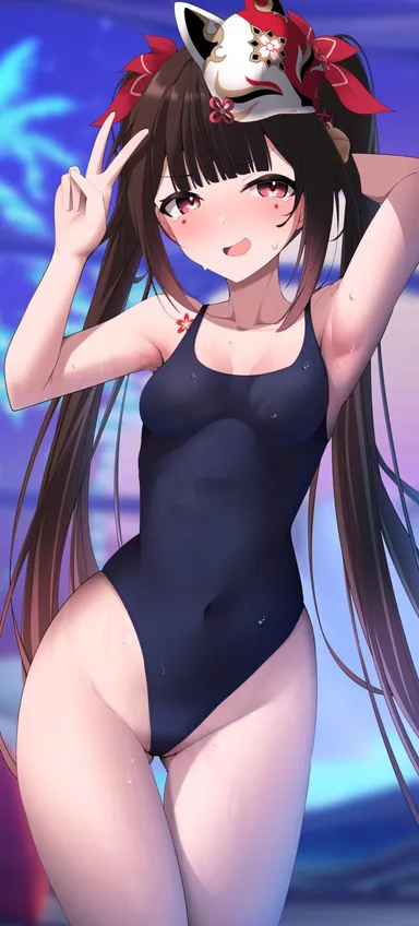 tetolisto, honkai (series), honkai: star rail, sparkle (honkai: star rail), 1girls, 2d (artwork), alternate costume, arm behind head, blue swimsuit, brown hair, day, female, female focus, female only, fox mask, front view, light skin, light-skinned female, long hair, long pigtails, looking at viewer, mask, mask on head, one, one piece swimsuit, outdoors, petite, petite body, petite female, pink eyes, slim girl, small breasts, smiling, smiling at viewer, solo, solo female, solo focus, standing, summer, twintails, wet, wet body, young, younger female, 2d, high resolution, highres